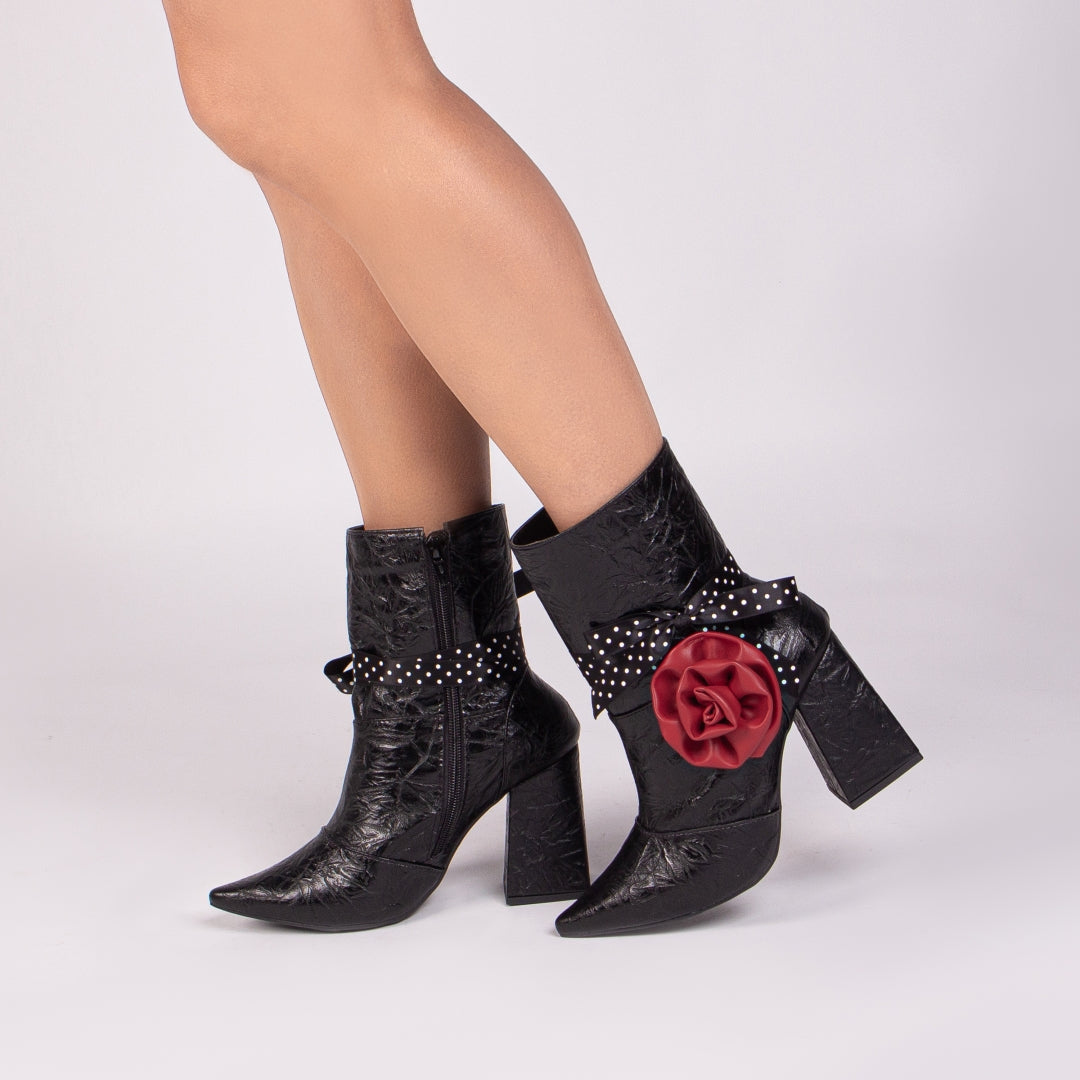 Black Vintage Napa Boot with Red and Polka Dot Details