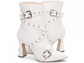 Mid-calf boot with buckle.