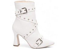 Mid-calf boot with buckle.