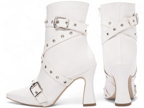 Mid-calf boot with buckle.