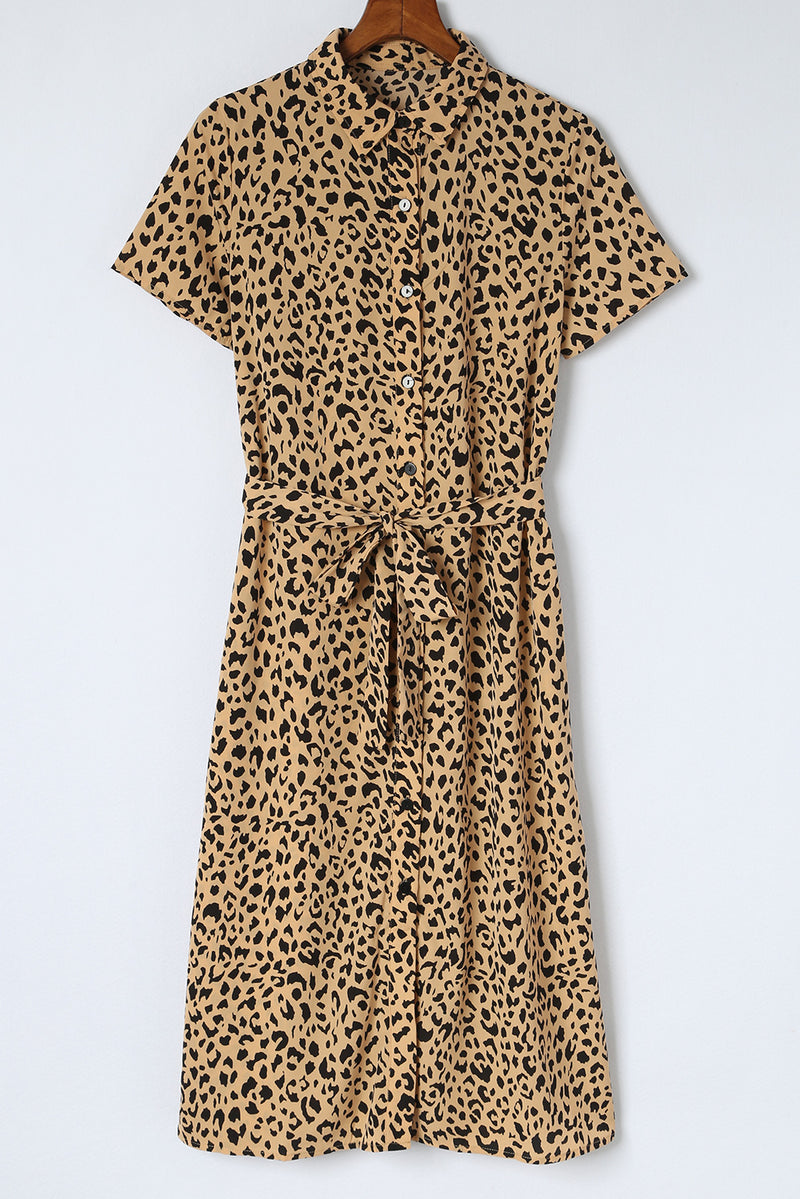 Vestido camisa caqui com estampa de leopardo