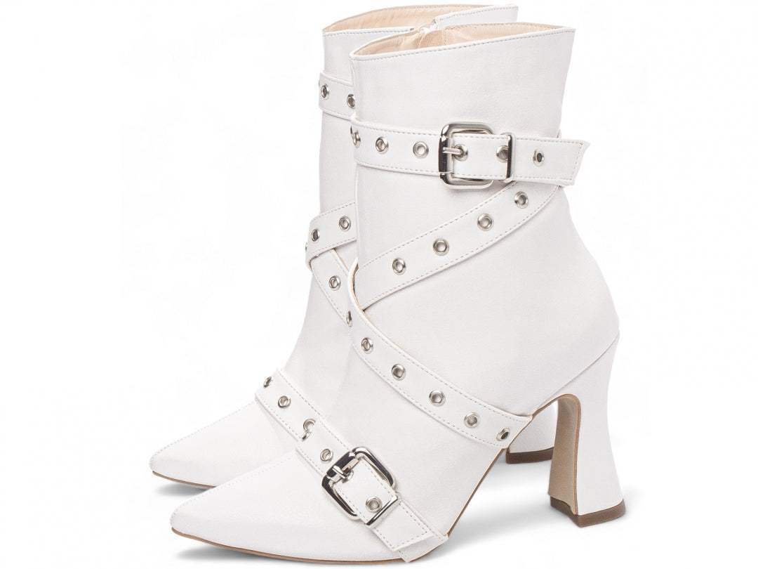 Mid-calf boot with buckle.