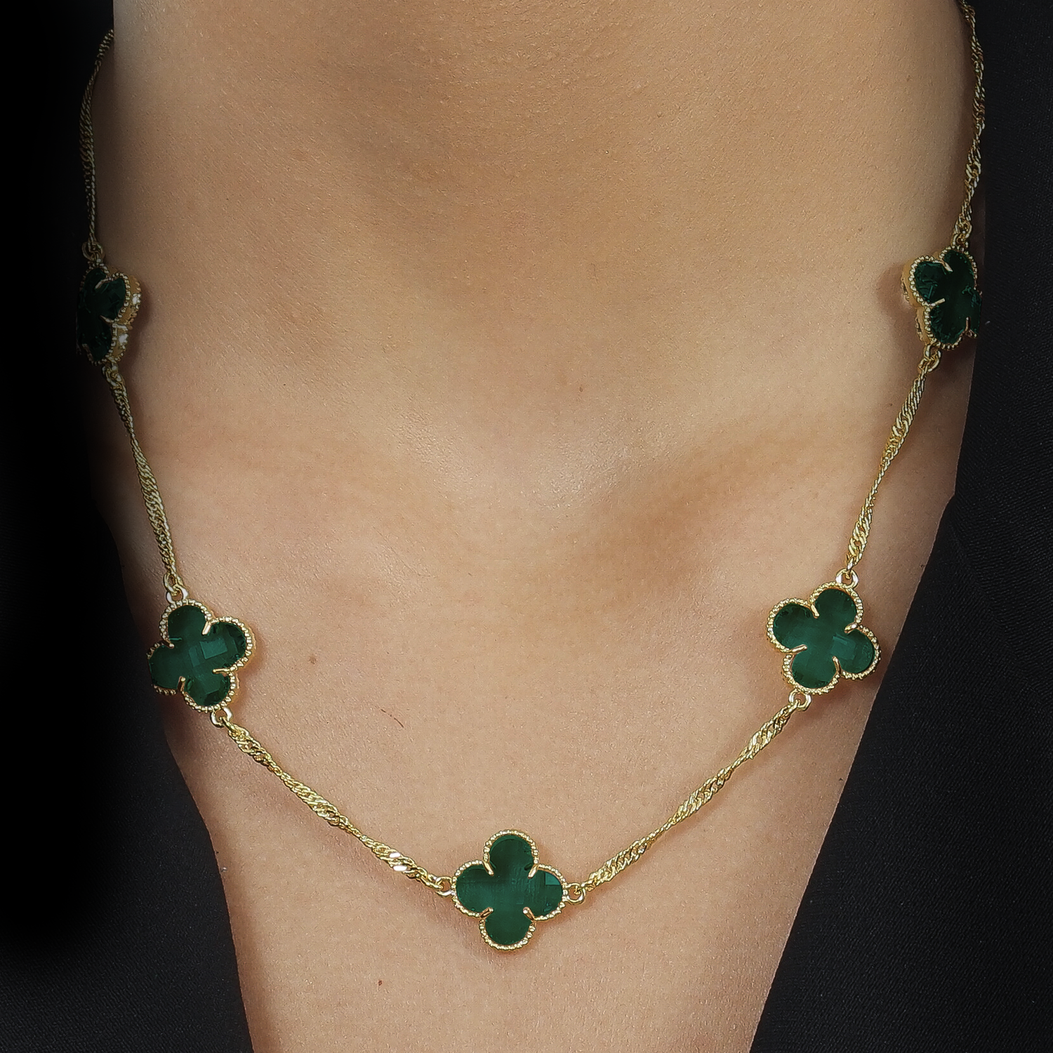 Gold Necklace 5 Green Clovers