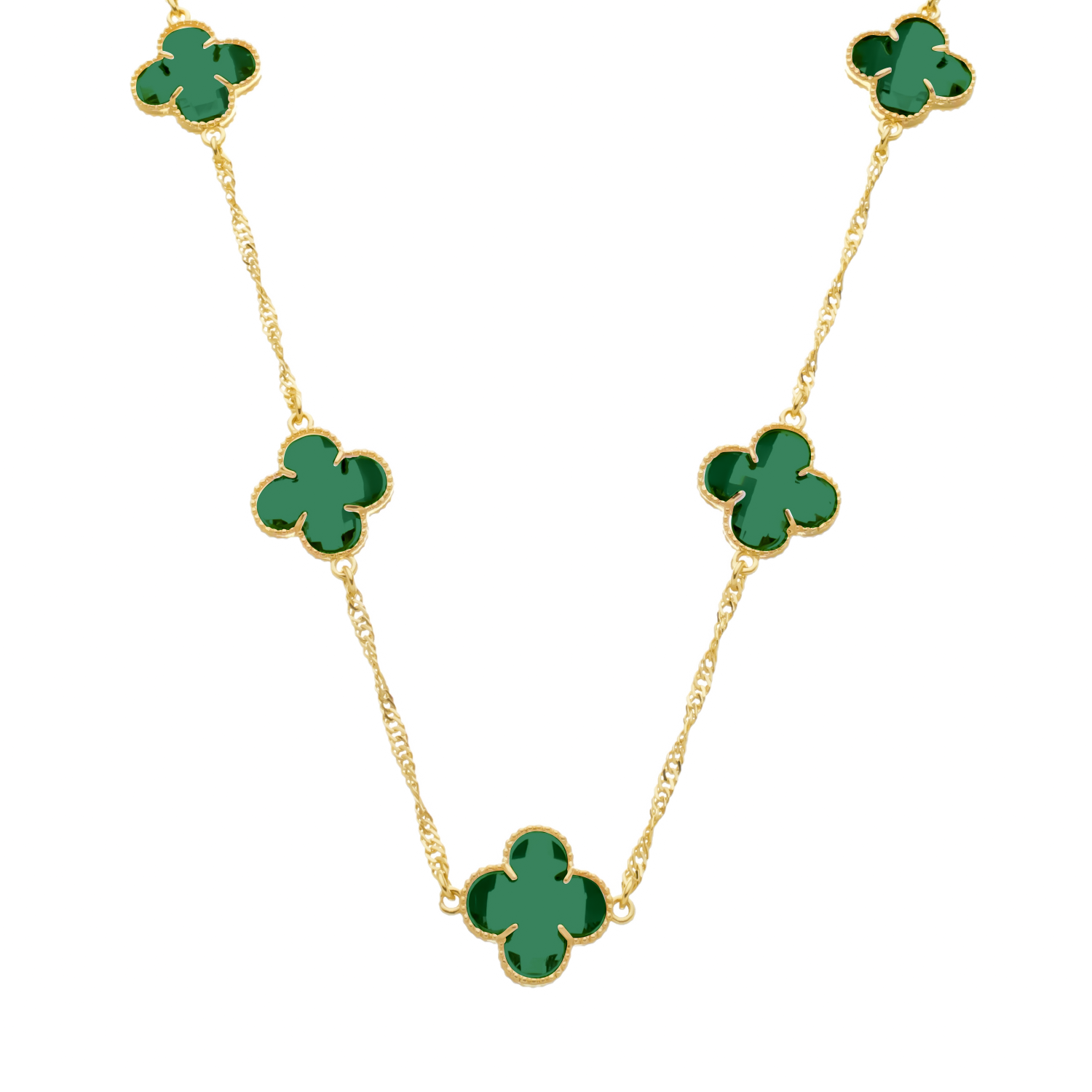 Gold Necklace 5 Green Clovers