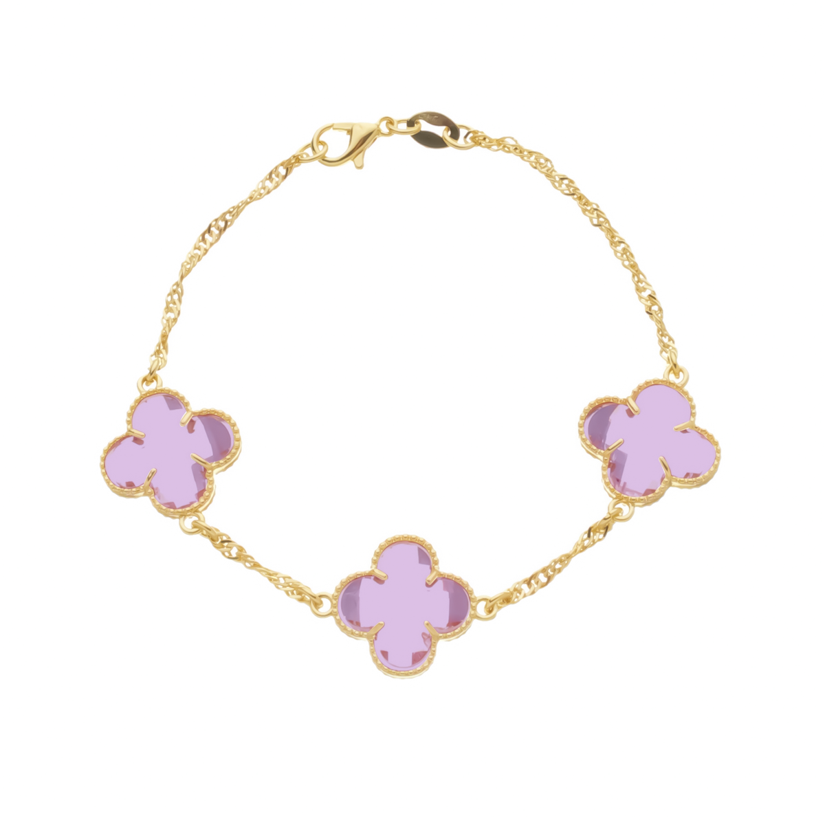 Pulseira Dourada Trevos Zircônia Rosa