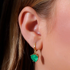 Gold Hoop Earring with Green Heart Stone