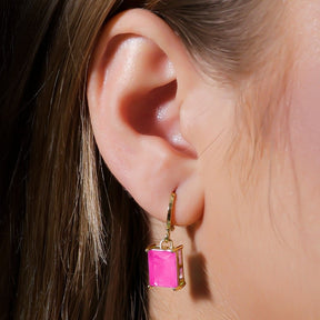 Gold Hoop Earring with Rectangular Pink Stone