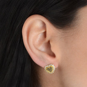 Gold Heart Earring Studded with Zirconia Stones and Black Rhinestone Details