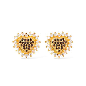 Gold Heart Earring Studded with Zirconia Stones and Black Rhinestone Details