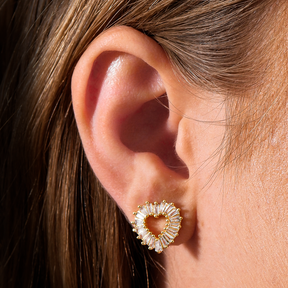 Gold Earring with Hollow Heart Studded with Zirconia