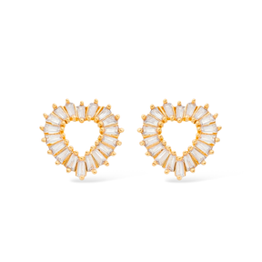 Gold Earring with Hollow Heart Studded with Zirconia