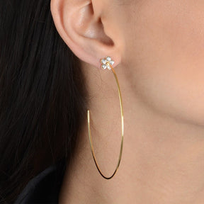 Large Gold Hoop Earring with Rhinestone Flower Detail