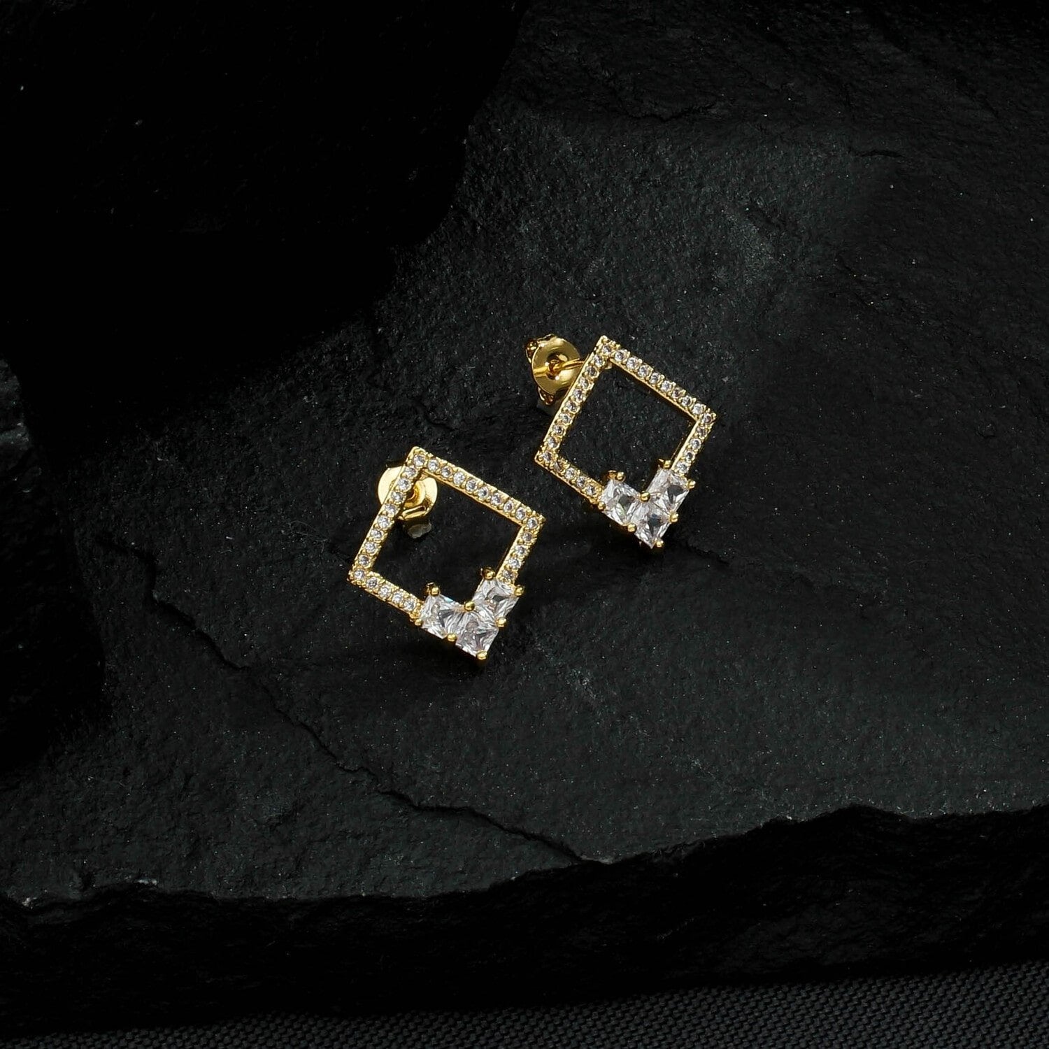 Square Gold Earring with 30 Zirconia Stones