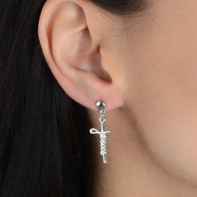 Silver Cross Earring with the Word Jesus