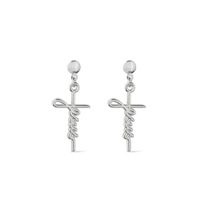 Silver Cross Earring with the Word Jesus