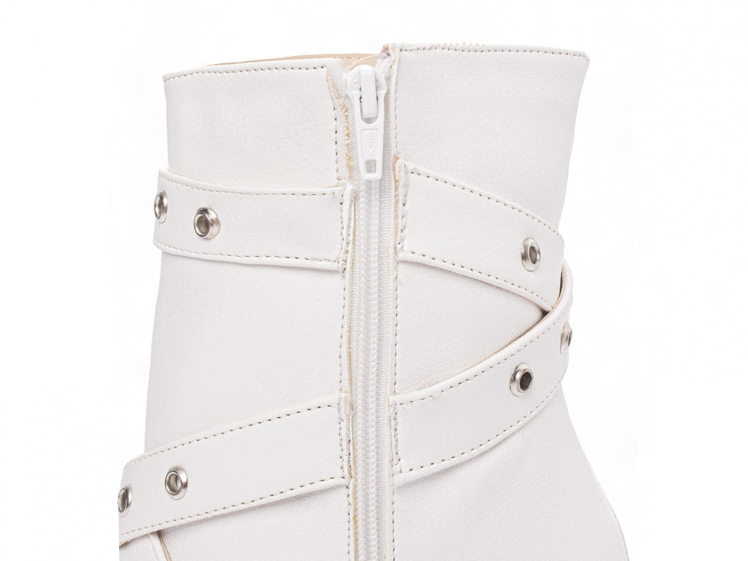 Mid-calf boot with buckle.