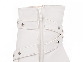 Mid-calf boot with buckle.