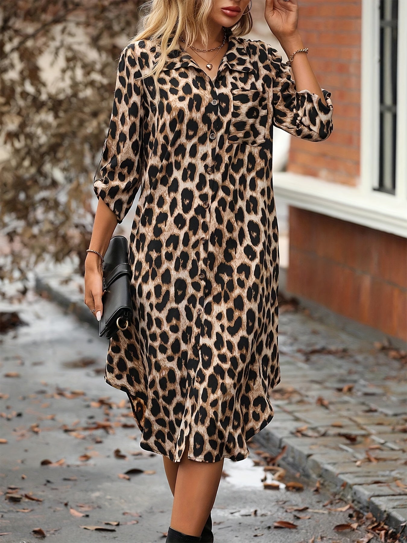 Leopard Print Button Front Dress, Stylish Half Sleeve Dress For Spring &amp; Summer, Women's Clothing