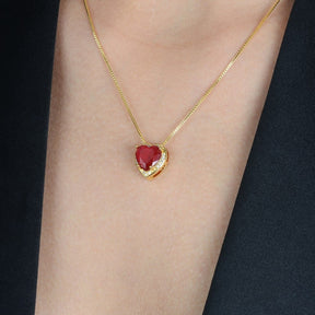 Gold Necklace with Red Natural Stone Heart Studded with Zirconia