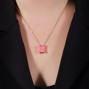 Rectangular Pink Stone Gold Necklace