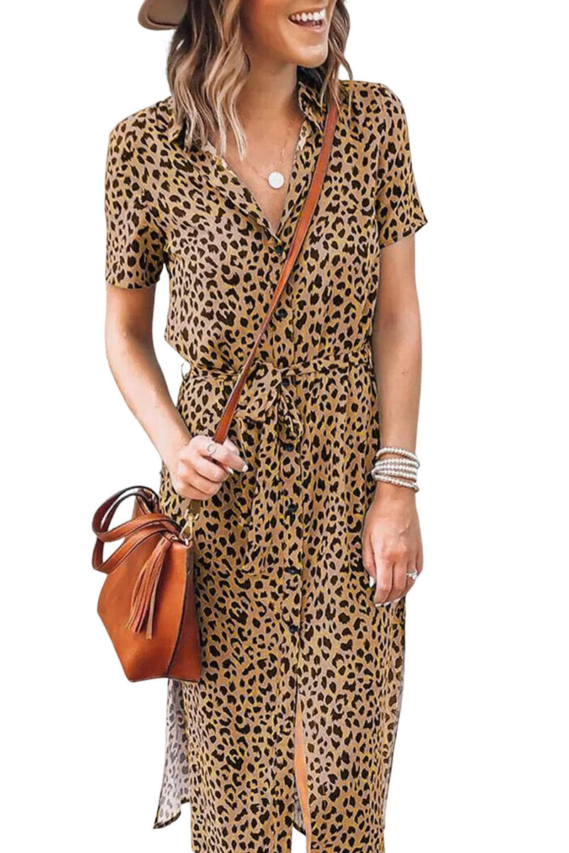 Vestido camisa caqui com estampa de leopardo