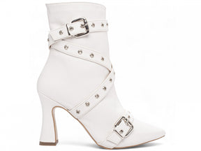 Mid-calf boot with buckle.