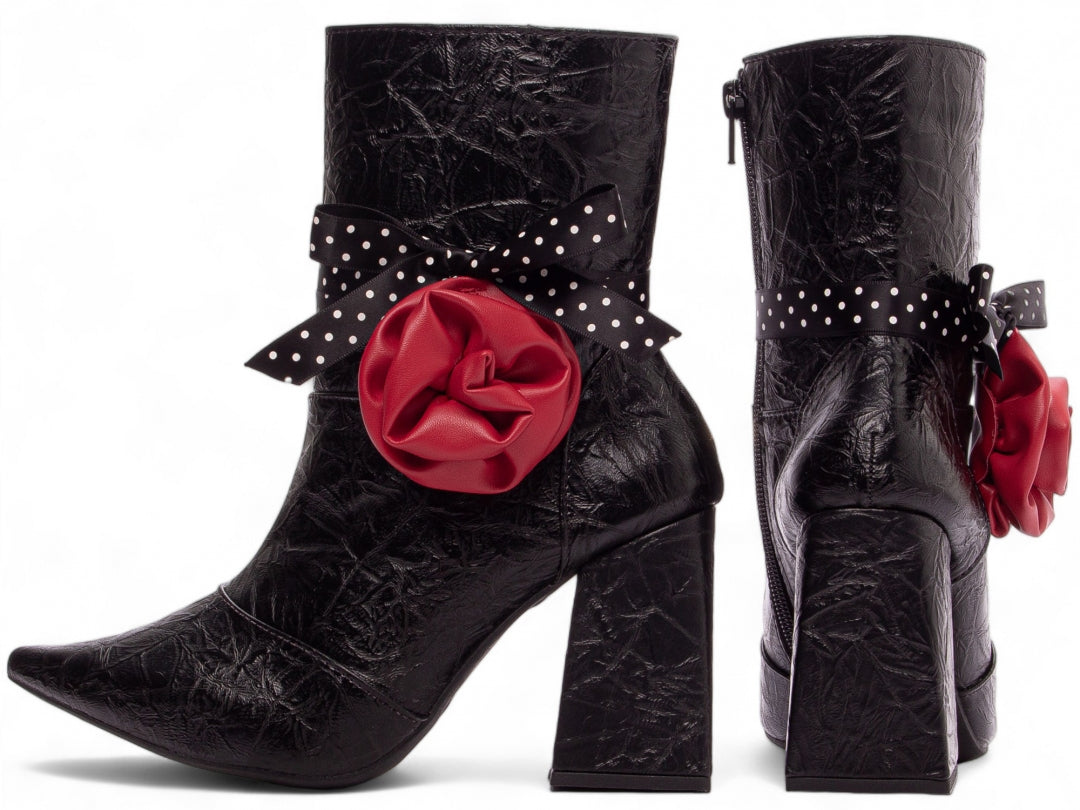 Black Vintage Napa Boot with Red and Polka Dot Details