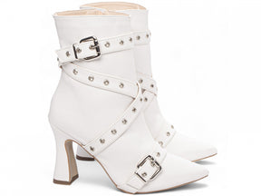 Mid-calf boot with buckle.