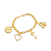 Gold Portuguese Link Bracelet with Heart, Padlock, Clover and Key