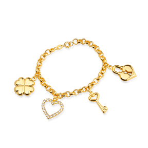 Gold Portuguese Link Bracelet with Heart, Padlock, Clover and Key