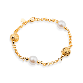 Gold Portuguese Link Bracelet with Pearls and Openwork Spheres