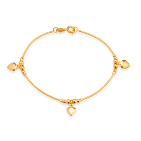 Plain Gold Bracelet with 3 Heart Pendants