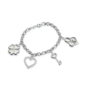 Silver Portuguese Link Bracelet with Heart, Padlock, Clover and Key